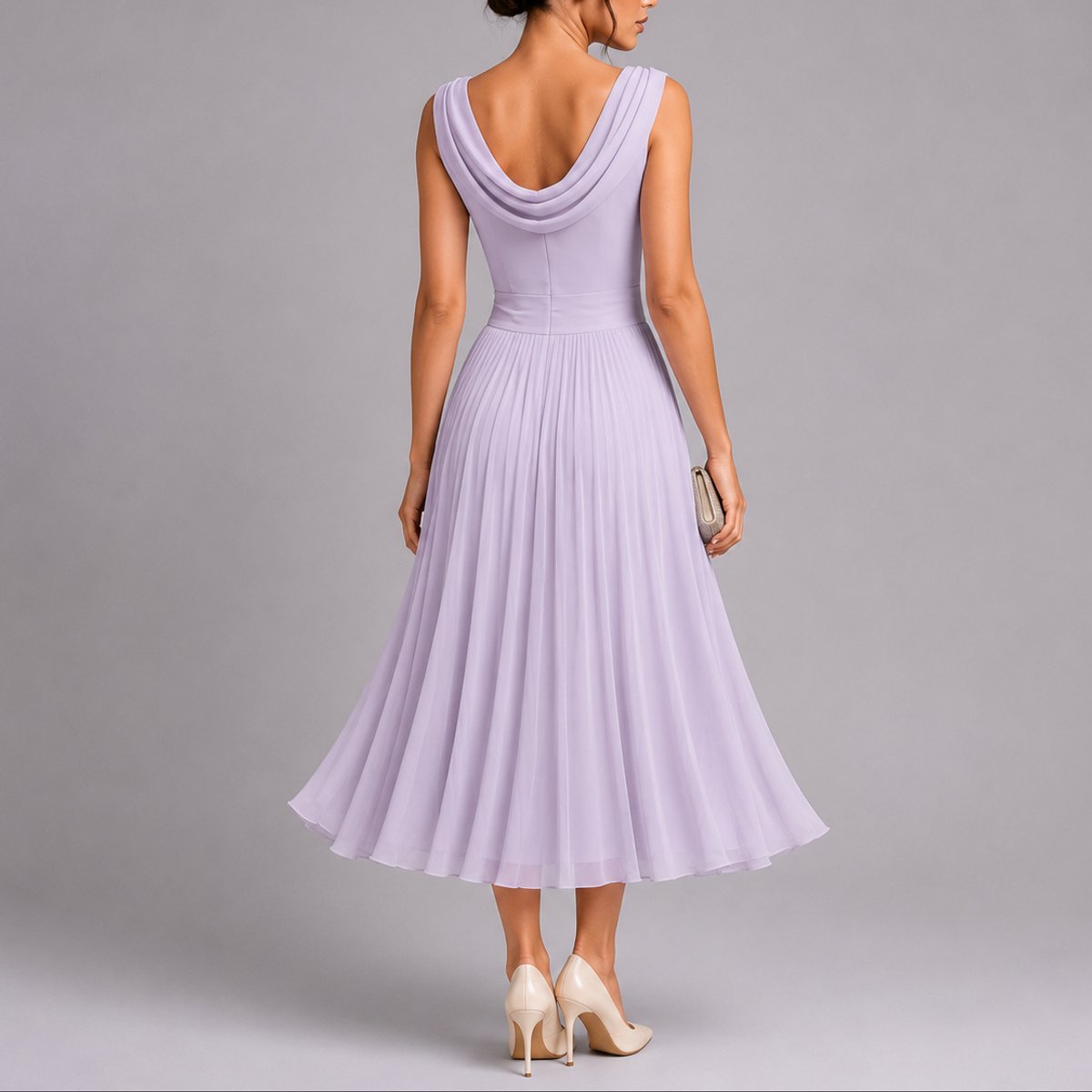 Women's Pleated Chiffon Cowl-Neck Midi Fall Wedding Guest Dress