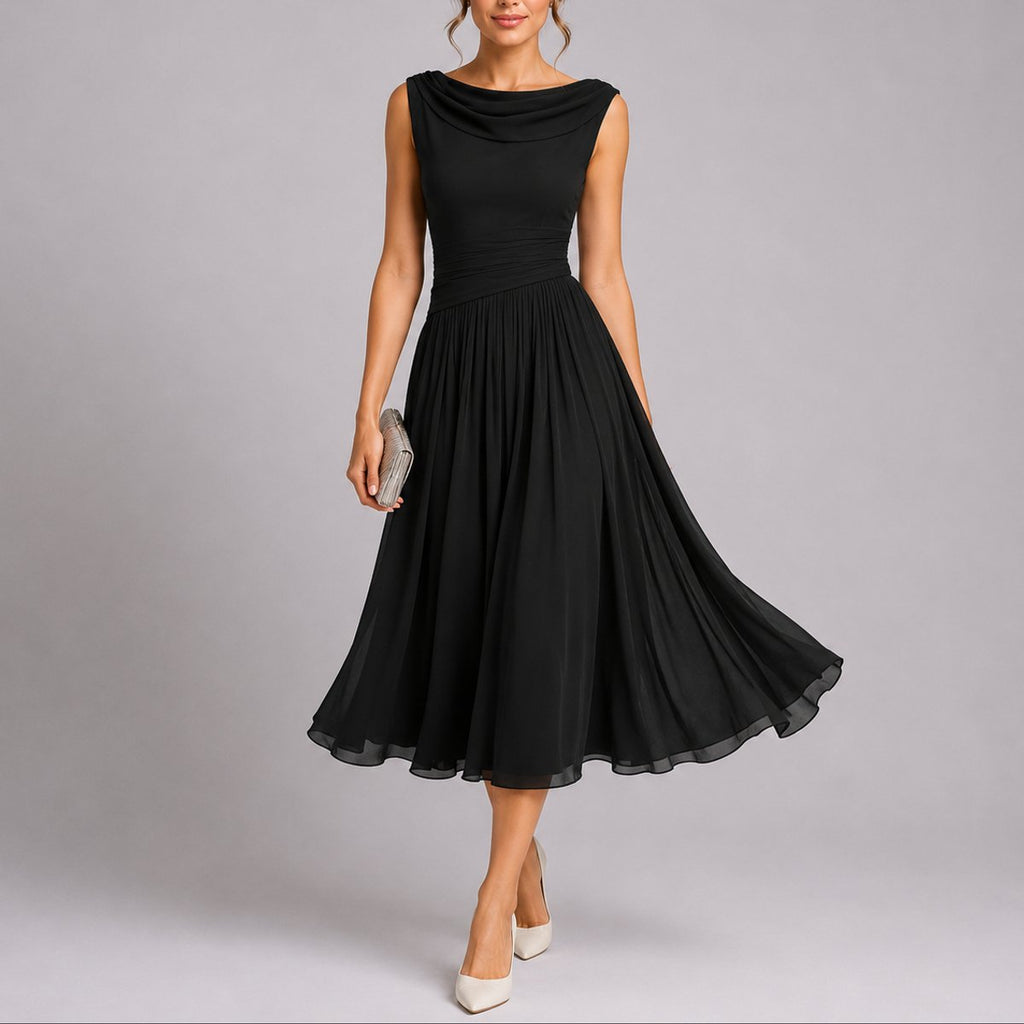 Women's Pleated Chiffon Cowl-Neck Midi Fall Wedding Guest Dress - Black