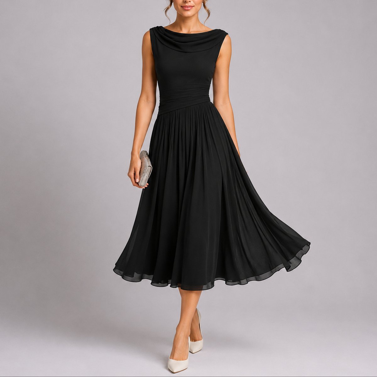 Women's Pleated Chiffon Cowl-Neck Midi Fall Wedding Guest Dress - Black