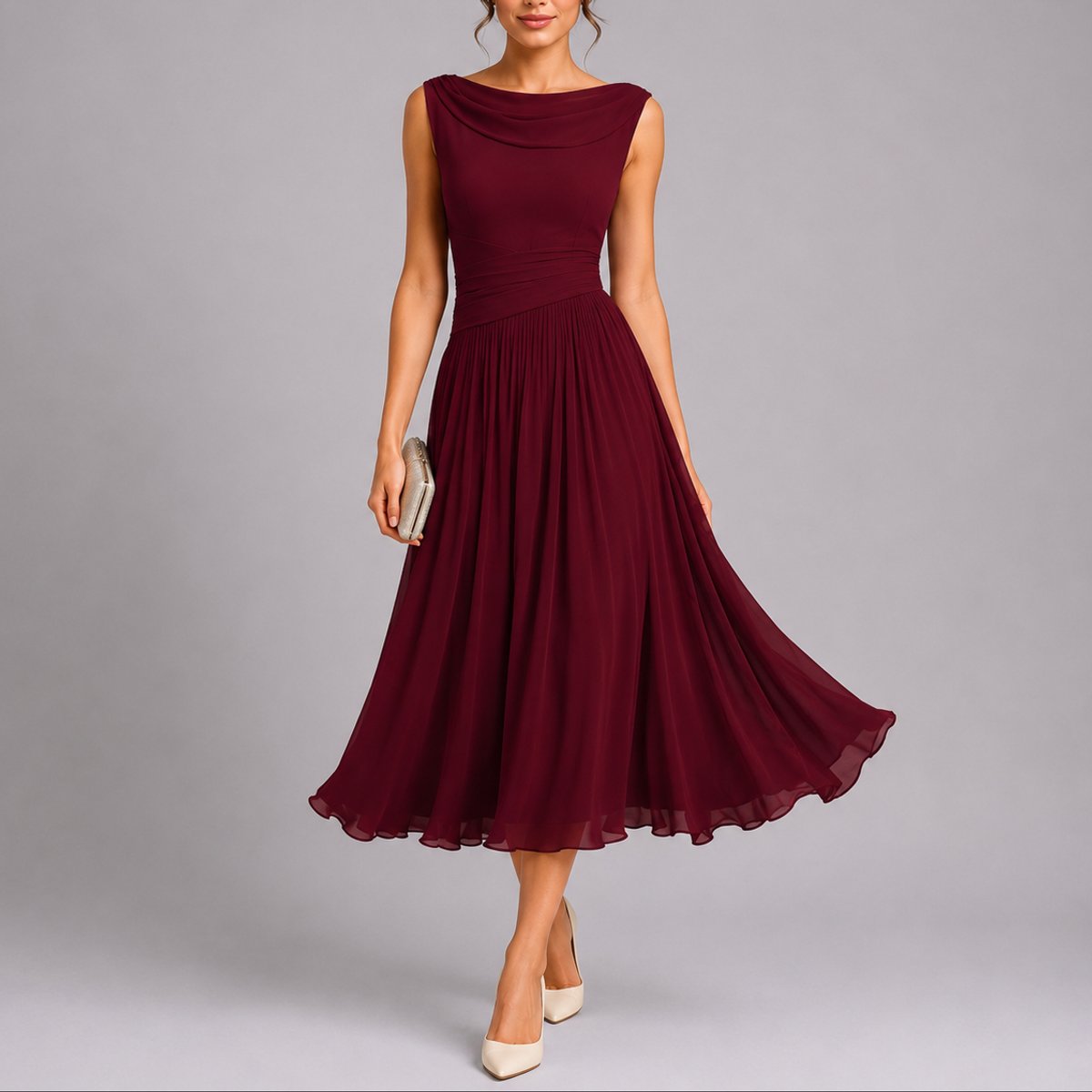 Women's Pleated Chiffon Cowl-Neck Midi Fall Wedding Guest Dress - Red