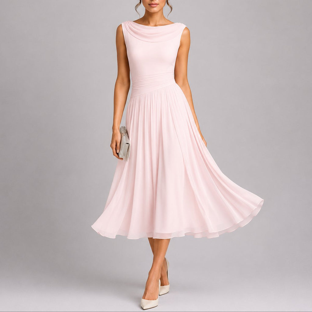 Women's Pleated Chiffon Cowl-Neck Midi Fall Wedding Guest Dress - Pink