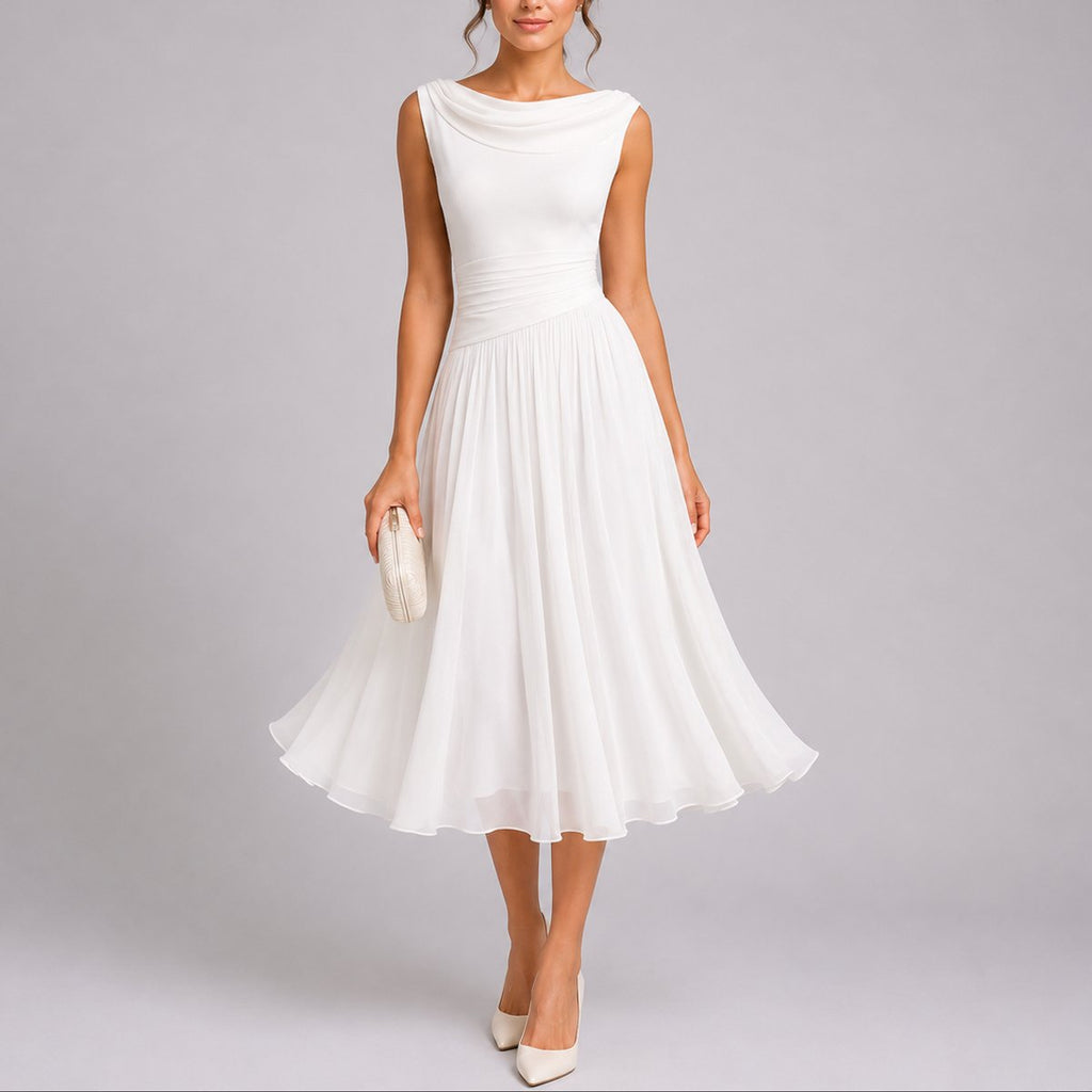 Women's Pleated Chiffon Cowl-Neck Midi Fall Wedding Guest Dress - White