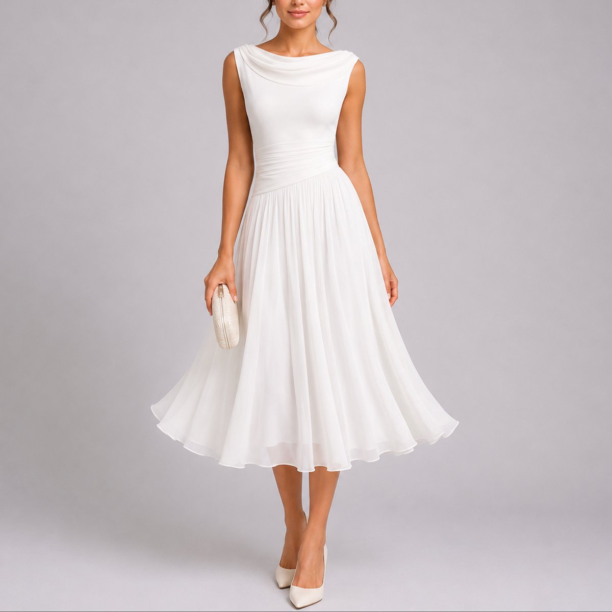 Women's Pleated Chiffon Cowl-Neck Midi Fall Wedding Guest Dress - White