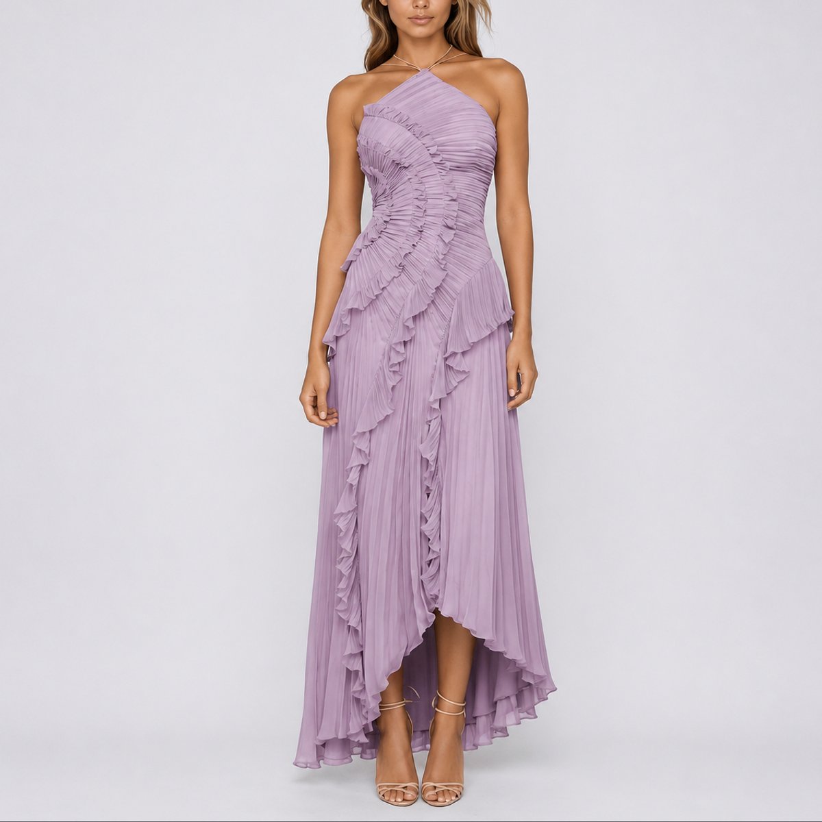 Women's Pleated Ruffle Halter Maxi Fall Wedding Guest Dress - Purple