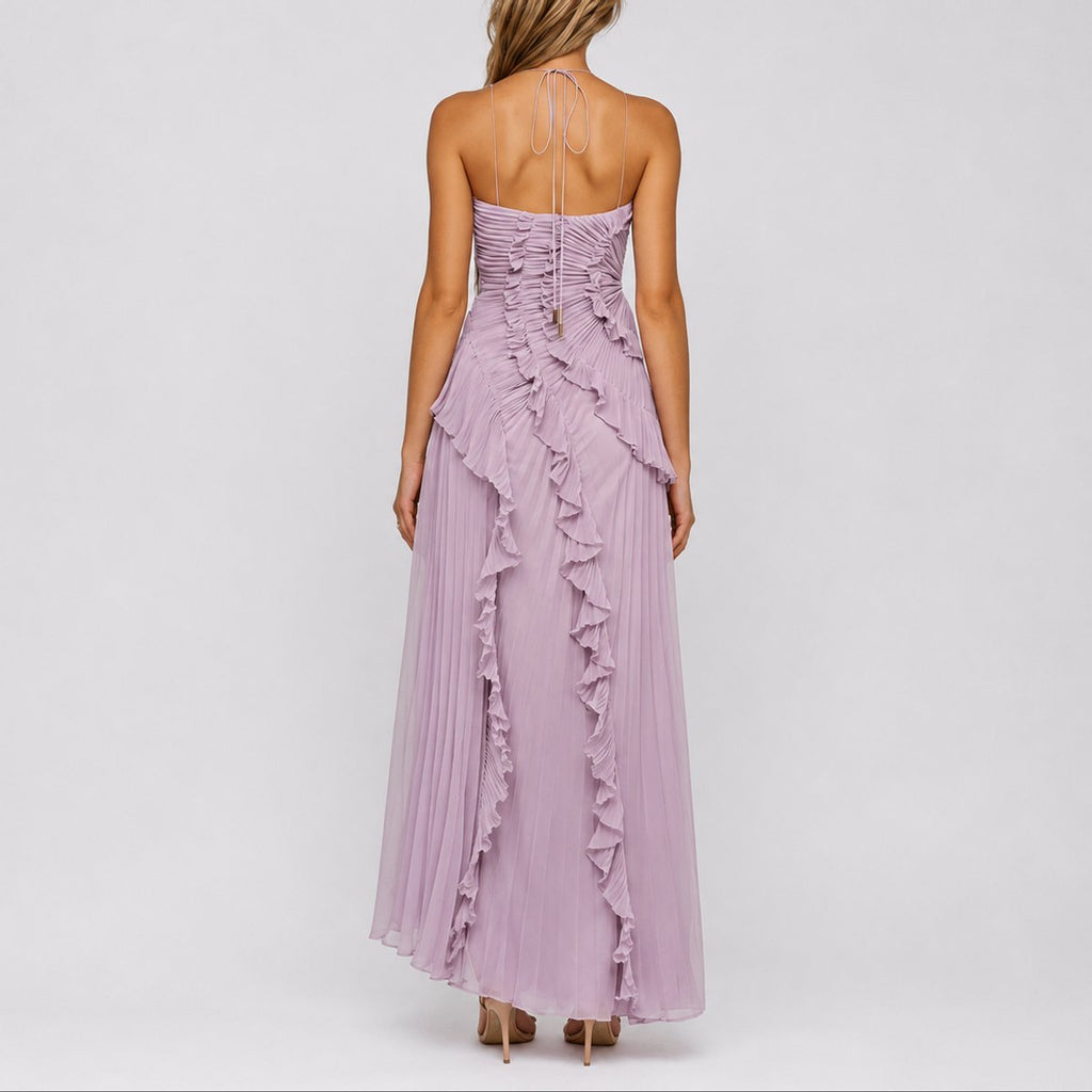 Women's Pleated Ruffle Halter Maxi Fall Wedding Guest Dress