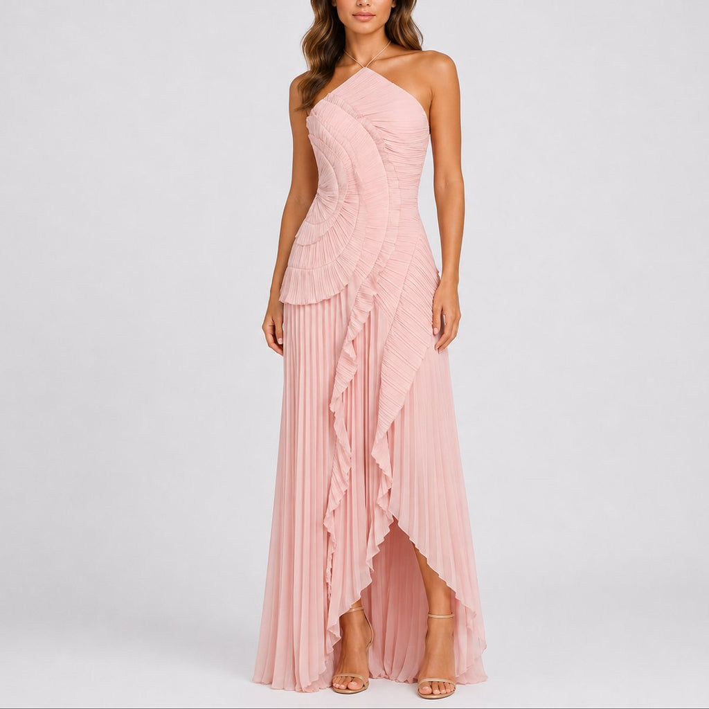 Women's Pleated Ruffle Halter Maxi Fall Wedding Guest Dress - Pink