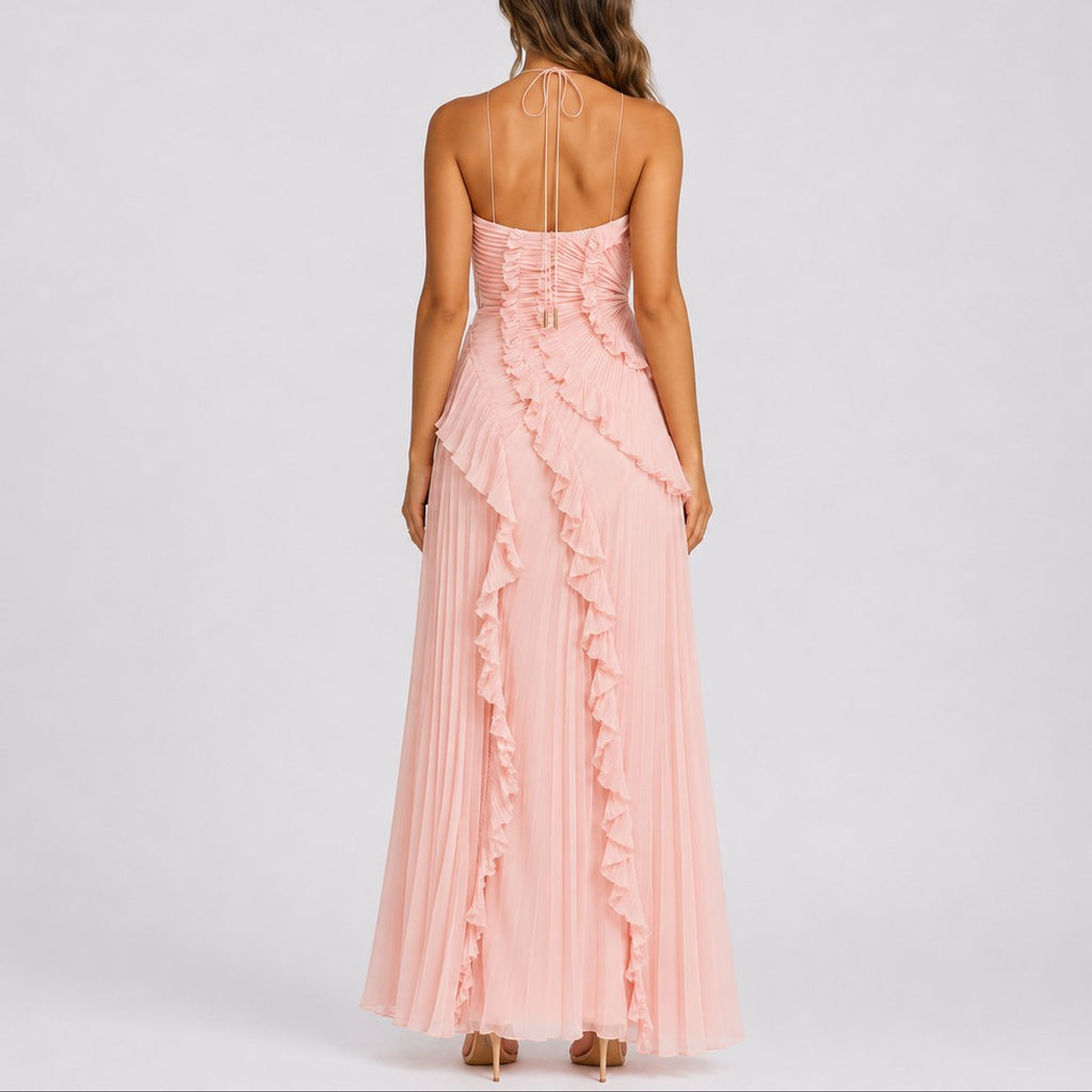 Women's Pleated Ruffle Halter Maxi Fall Wedding Guest Dress