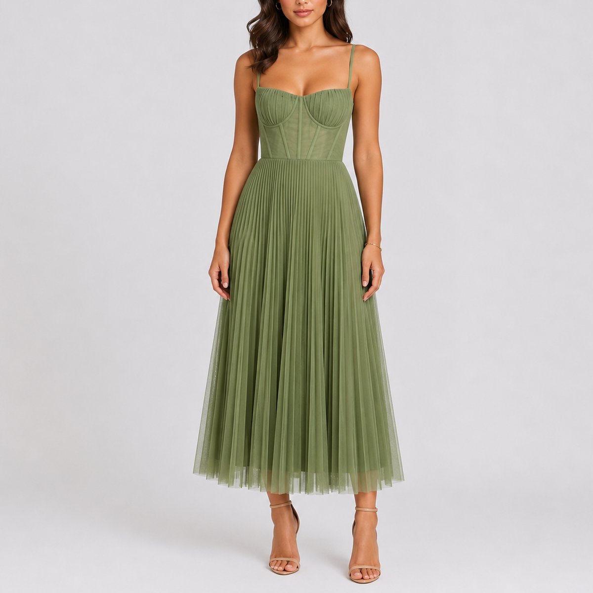 Women's Pleated Tulle Corset Midi Fall Wedding Guest Dress - Green