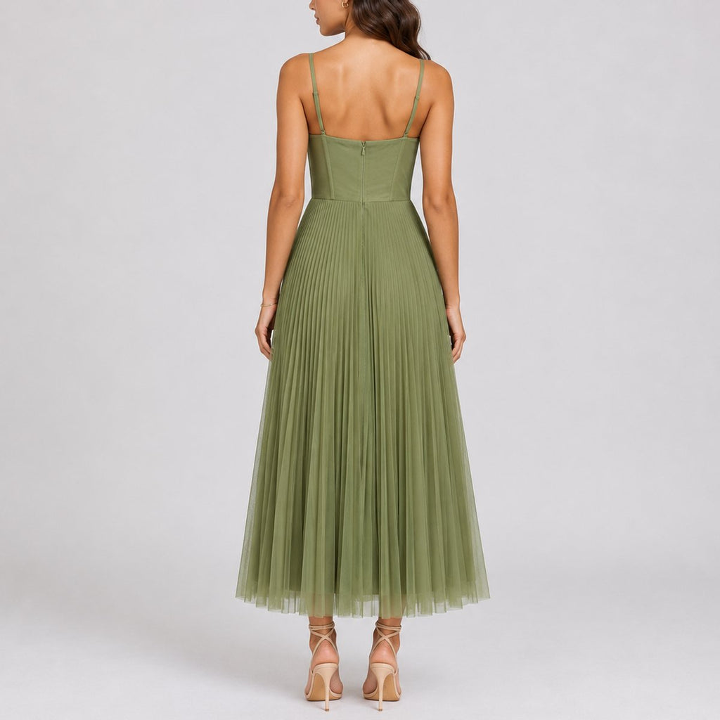 Women's Pleated Tulle Corset Midi Fall Wedding Guest Dress