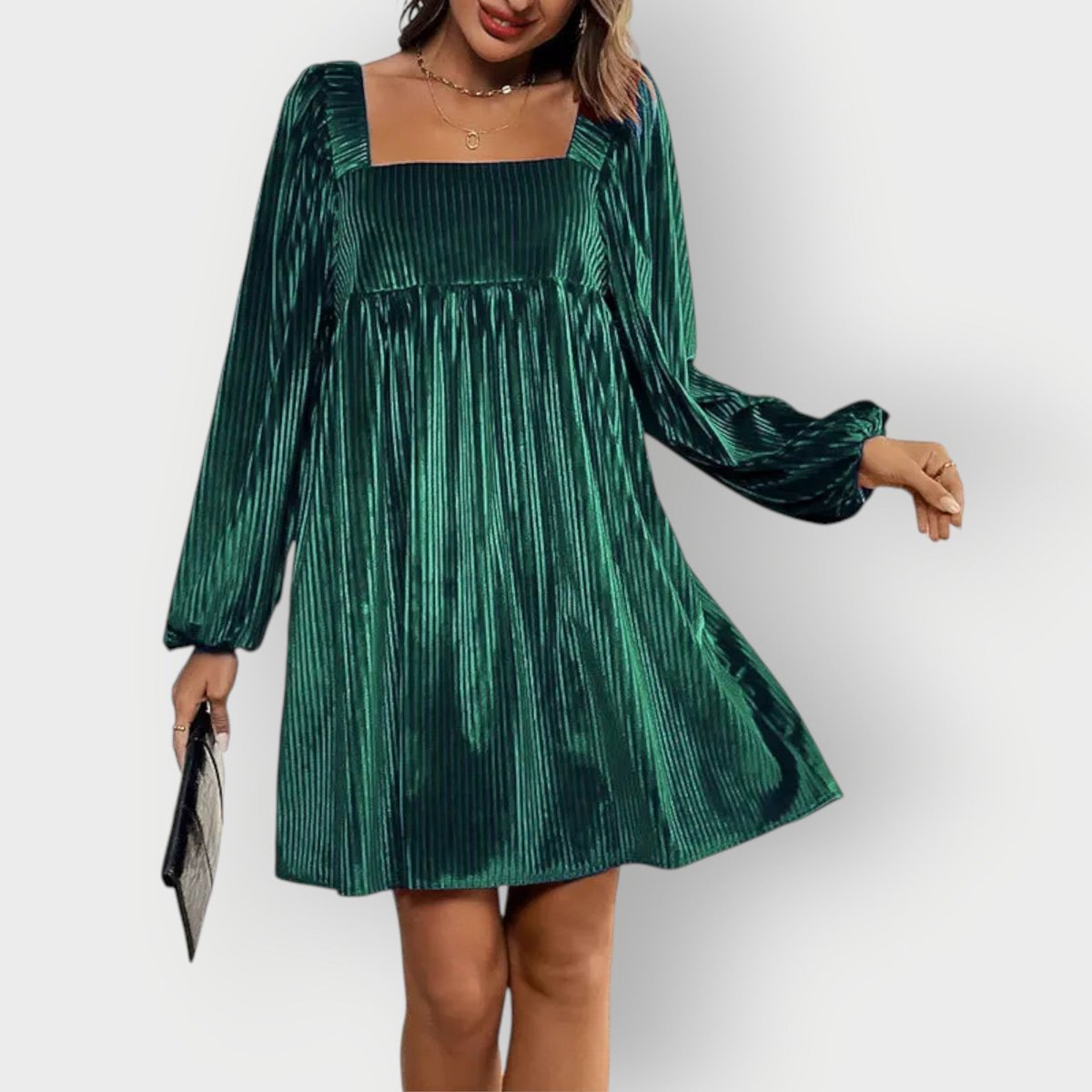 Women's Pleated Velvet Square-Neck Long-Sleeve Formal Dresses - Dark Green