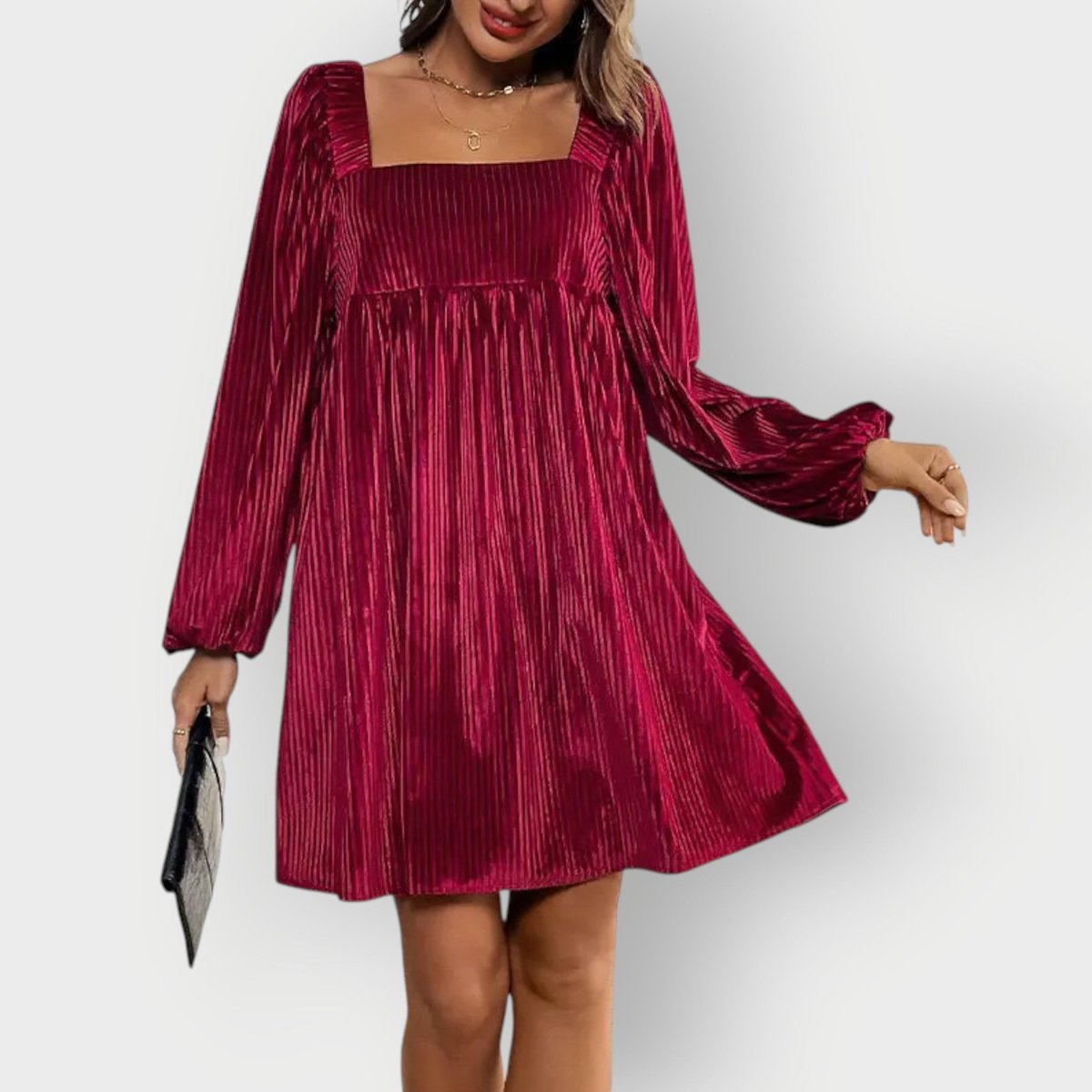 Women's Pleated Velvet Square-Neck Long-Sleeve Formal Dresses - Wine Red