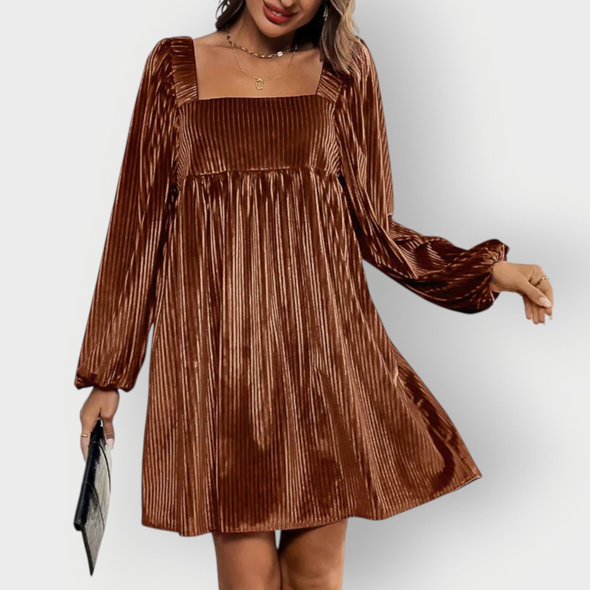 Women's Pleated Velvet Square-Neck Long-Sleeve Formal Dresses - Brown