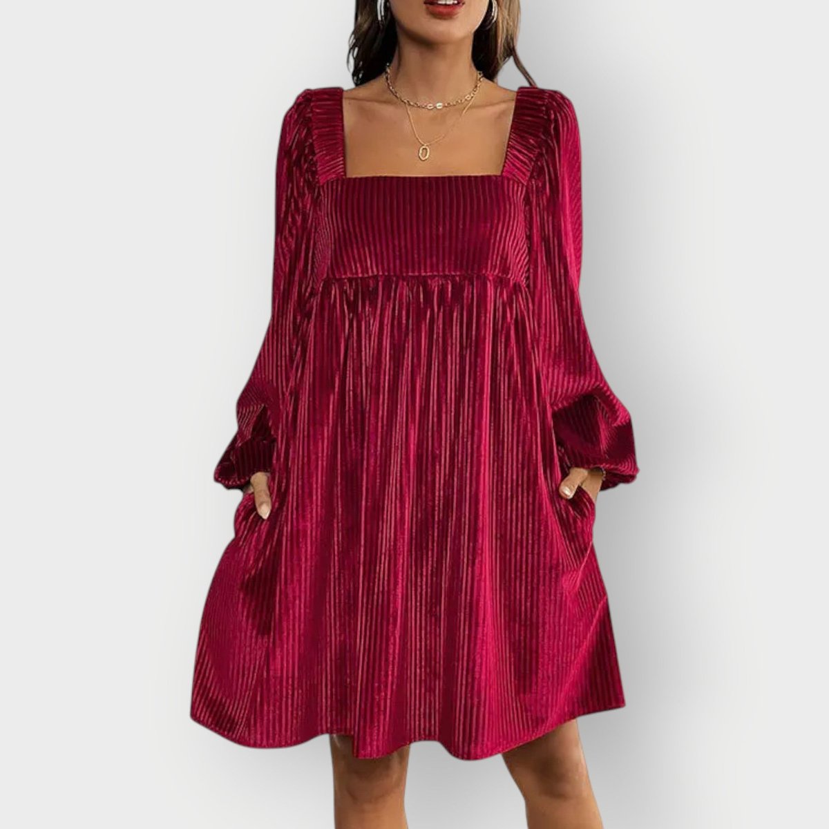 Women's Pleated Velvet Square-Neck Long-Sleeve Formal Dresses