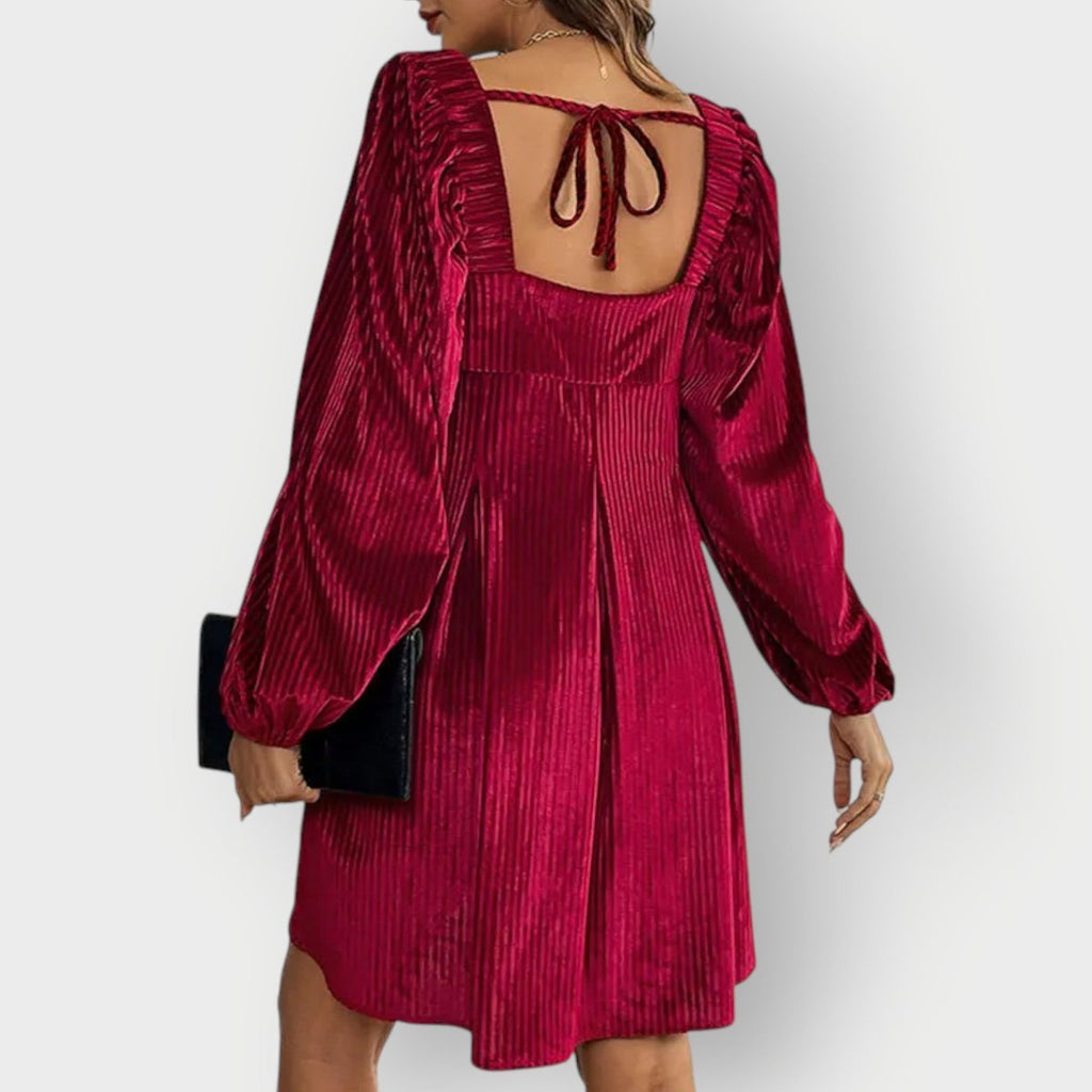 Women's Pleated Velvet Square-Neck Long-Sleeve Formal Dresses