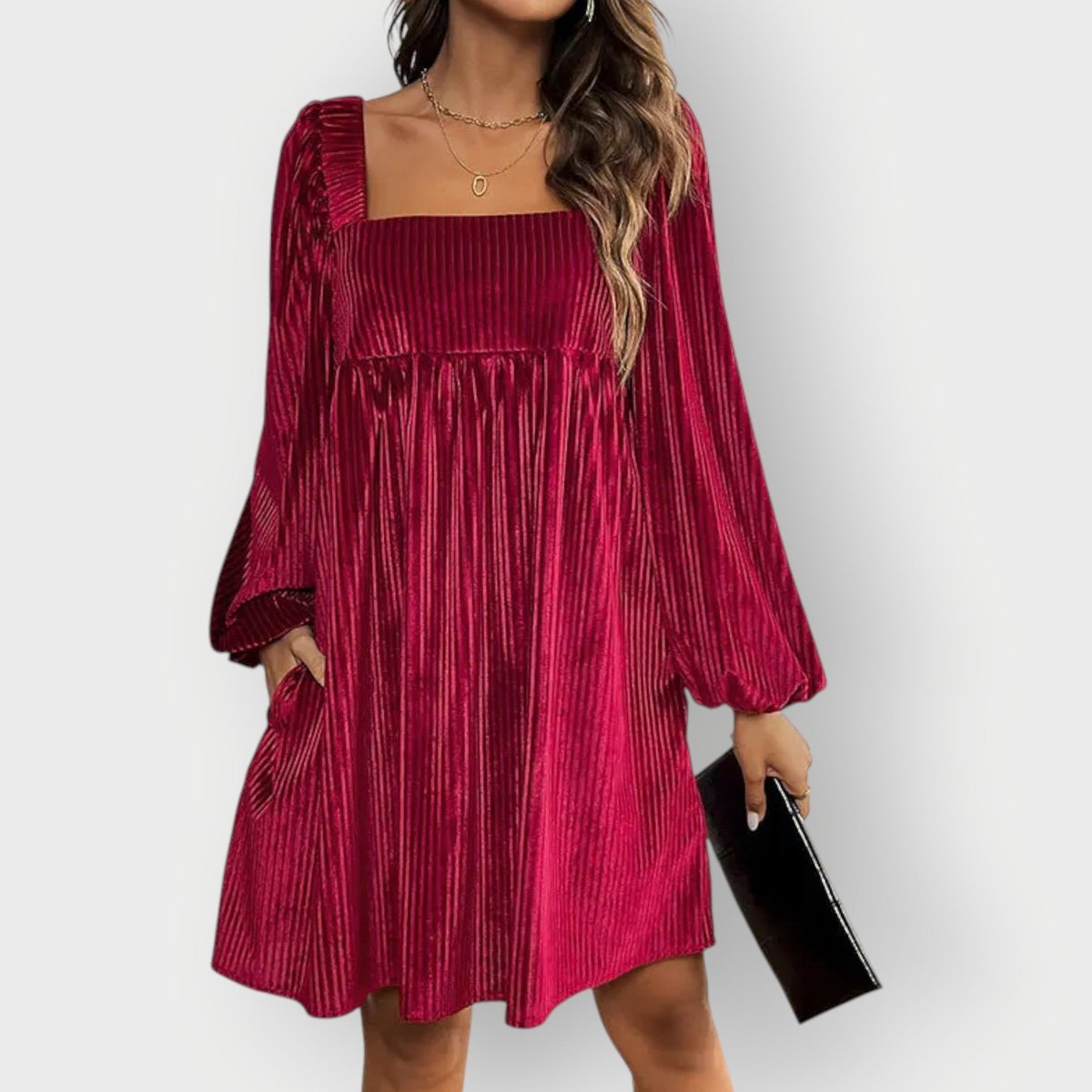 Women's Pleated Velvet Square-Neck Long-Sleeve Formal Dresses