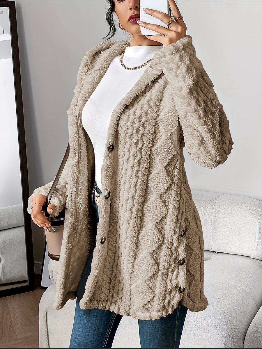Women's Plush Hooded Button-Front Longline Cardigan - Khaki