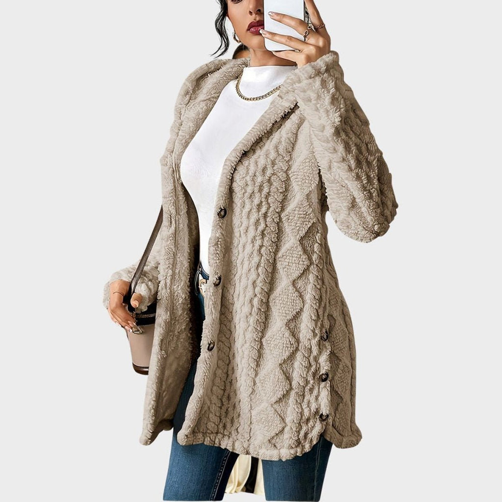Women's Plush Hooded Button-Front Longline Cardigan