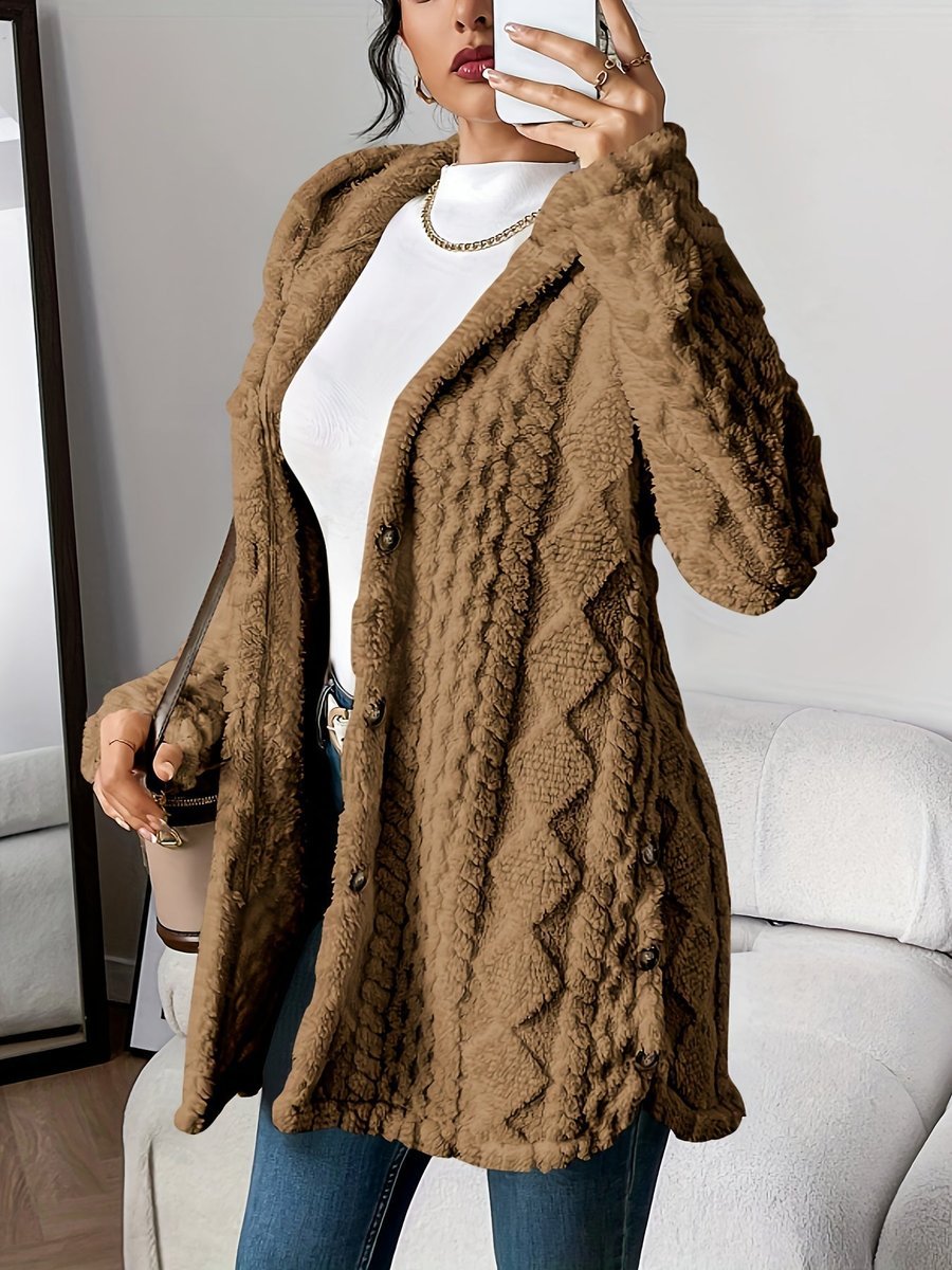 Women's Plush Hooded Button-Front Longline Cardigan - Brown