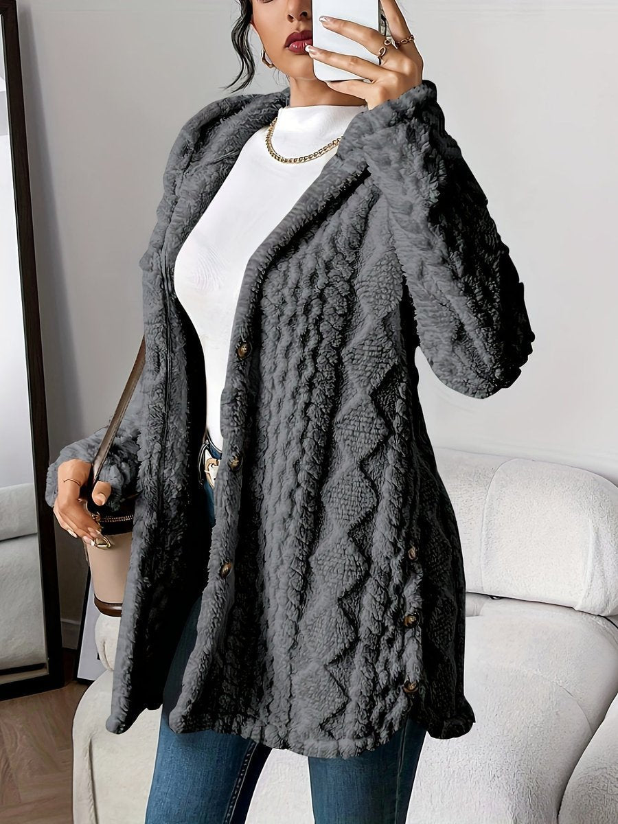 Women's Plush Hooded Button-Front Longline Cardigan - Gray