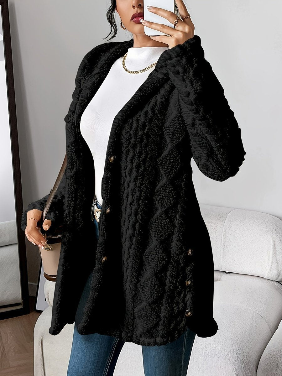 Women's Plush Hooded Button-Front Longline Cardigan - Black