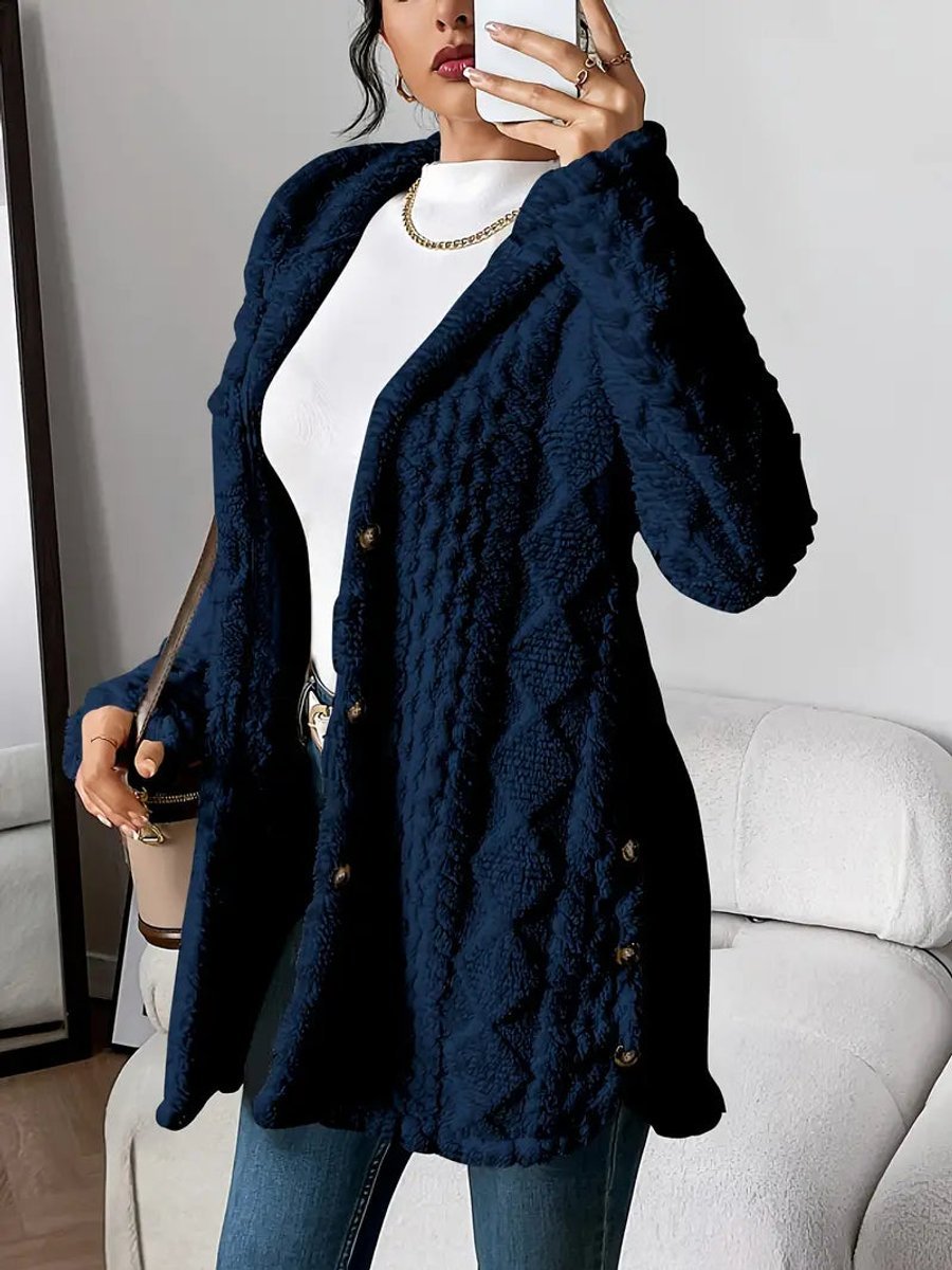 Women's Plush Hooded Button-Front Longline Cardigan - Navy Blue