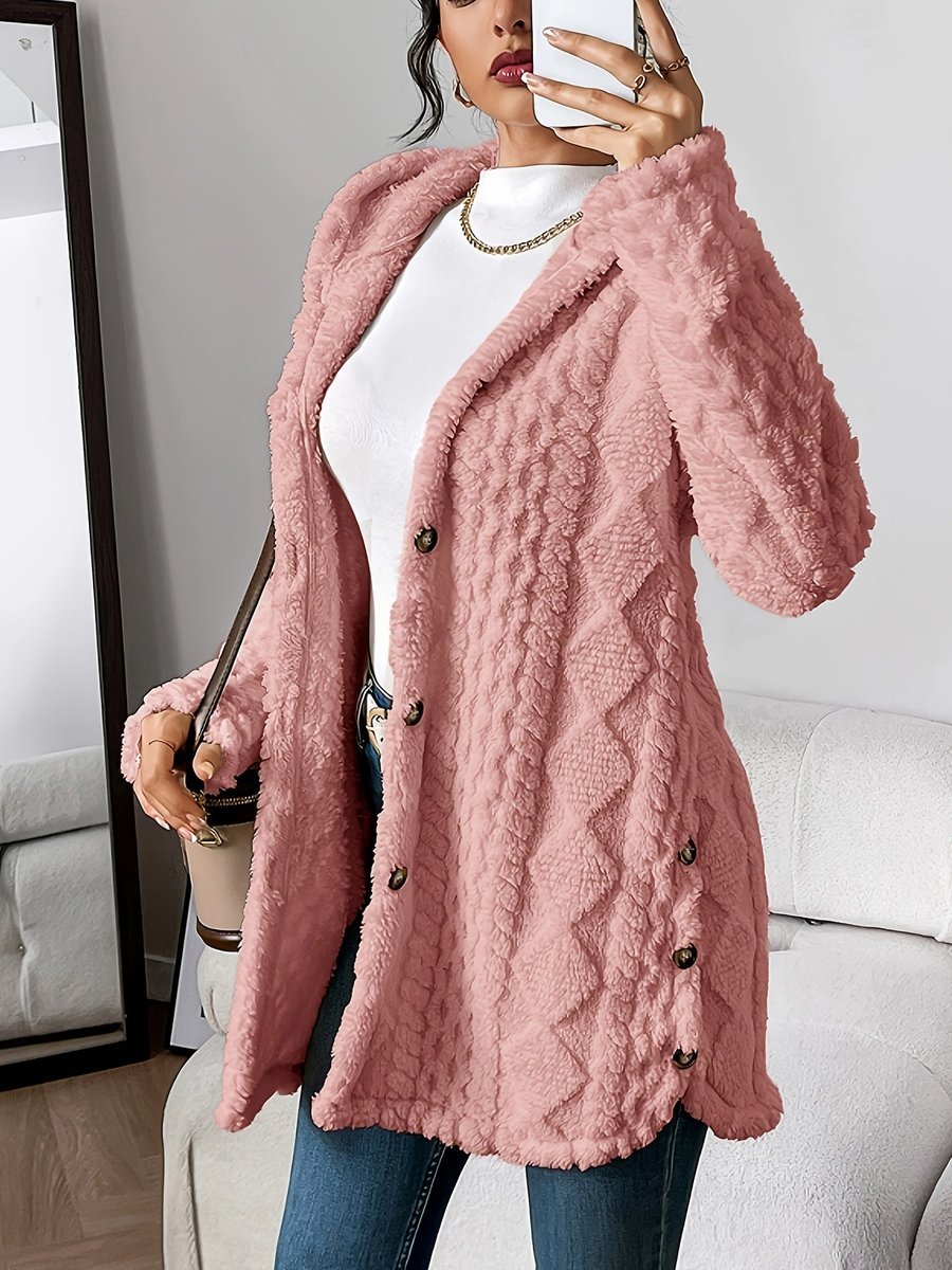 Women's Plush Hooded Button-Front Longline Cardigan - Pink