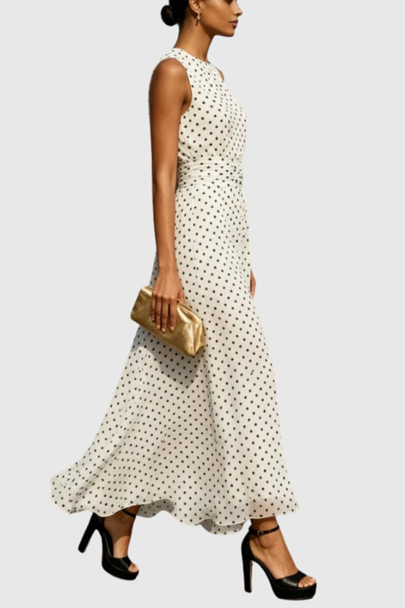 Women's Polka Dot Sleeveless Ruffle-Hem Maxi Evening Gown