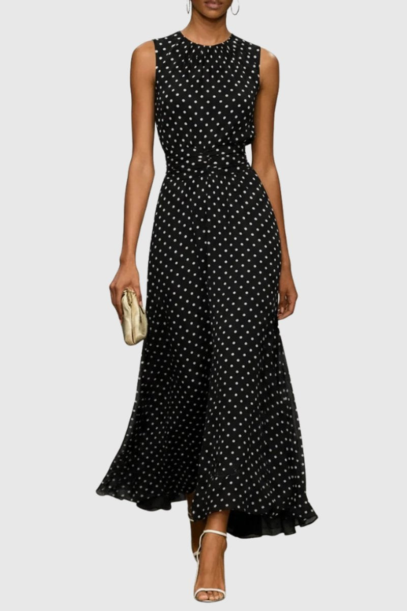 Women's Polka Dot Sleeveless Ruffle-Hem Maxi Evening Gown - Black