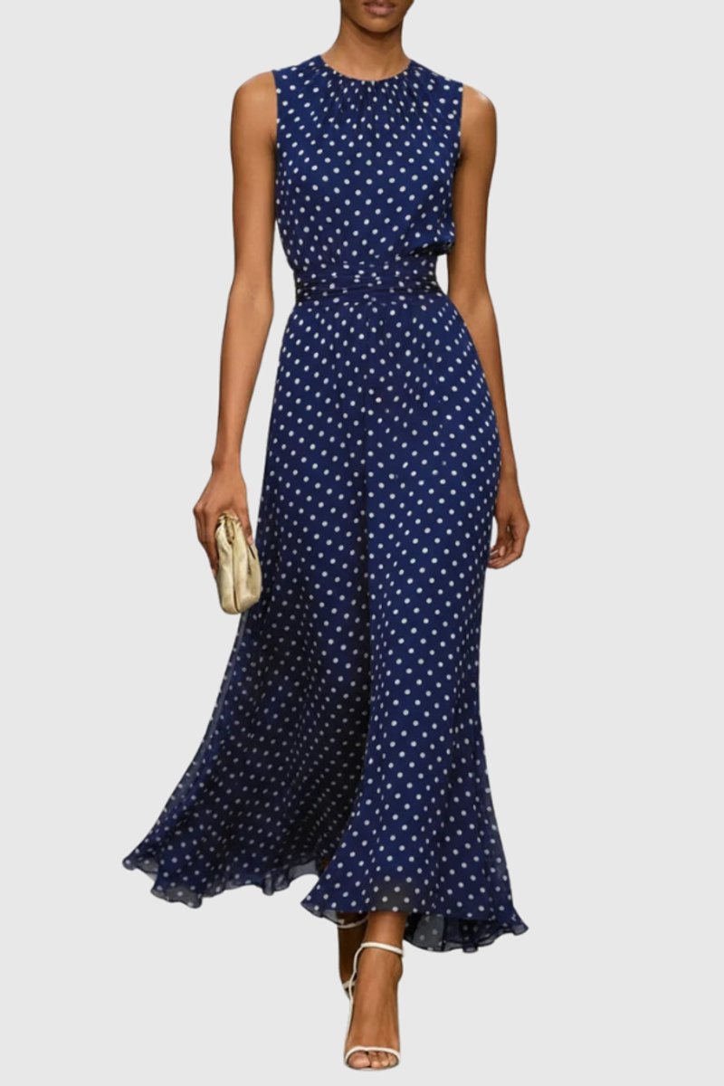 Women's Polka Dot Sleeveless Ruffle-Hem Maxi Evening Gown - Blue