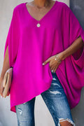 Women's Relaxed Batwing-Sleeve V-Neck Oversized Tunic Top - Pink