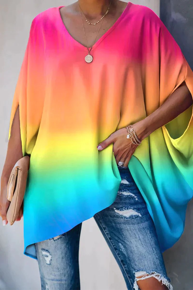 Women's Relaxed Batwing-Sleeve V-Neck Oversized Tunic Top - Rainbow