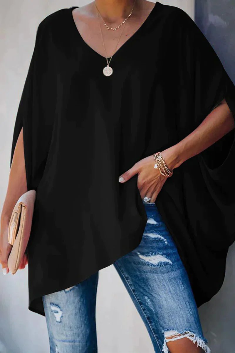 Women's Relaxed Batwing-Sleeve V-Neck Oversized Tunic Top - Black