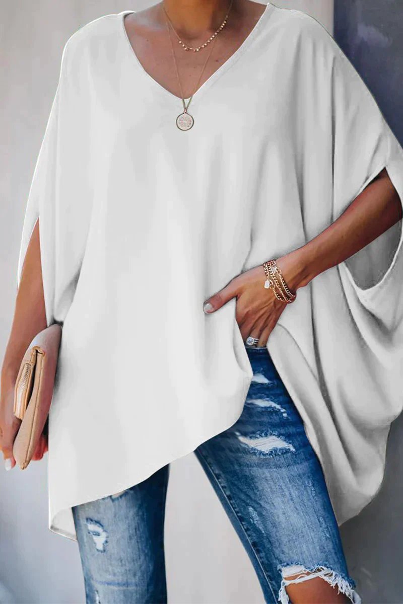 Women's Relaxed Batwing-Sleeve V-Neck Oversized Tunic Top - White