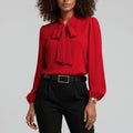 Women's Relaxed-Fit Bow-Tie Neck Long-Sleeve Blouse - Scarlet Red