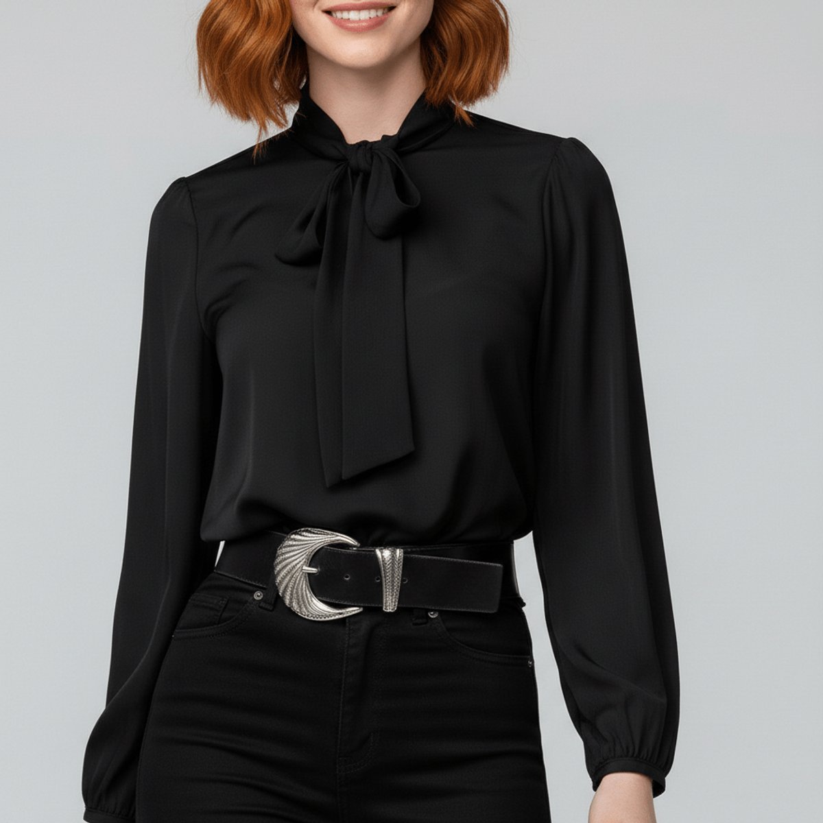 Women's Relaxed-Fit Bow-Tie Neck Long-Sleeve Blouse - Jet Black