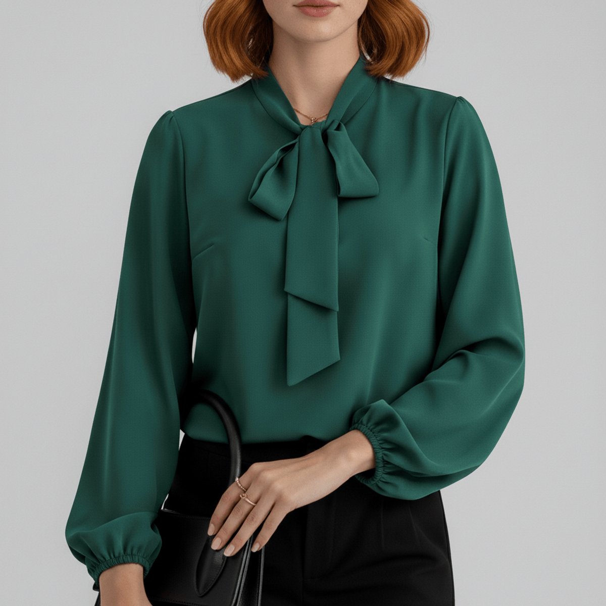 Women's Relaxed-Fit Bow-Tie Neck Long-Sleeve Blouse - Forest Green