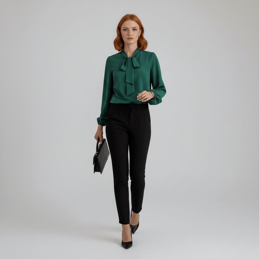 Women's Relaxed-Fit Bow-Tie Neck Long-Sleeve Blouse