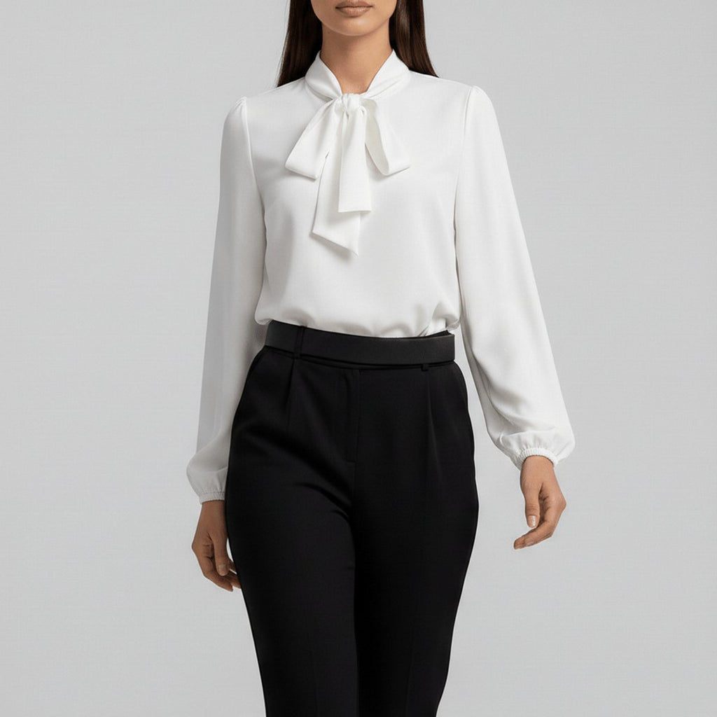 Women's Relaxed-Fit Bow-Tie Neck Long-Sleeve Blouse - Pure White