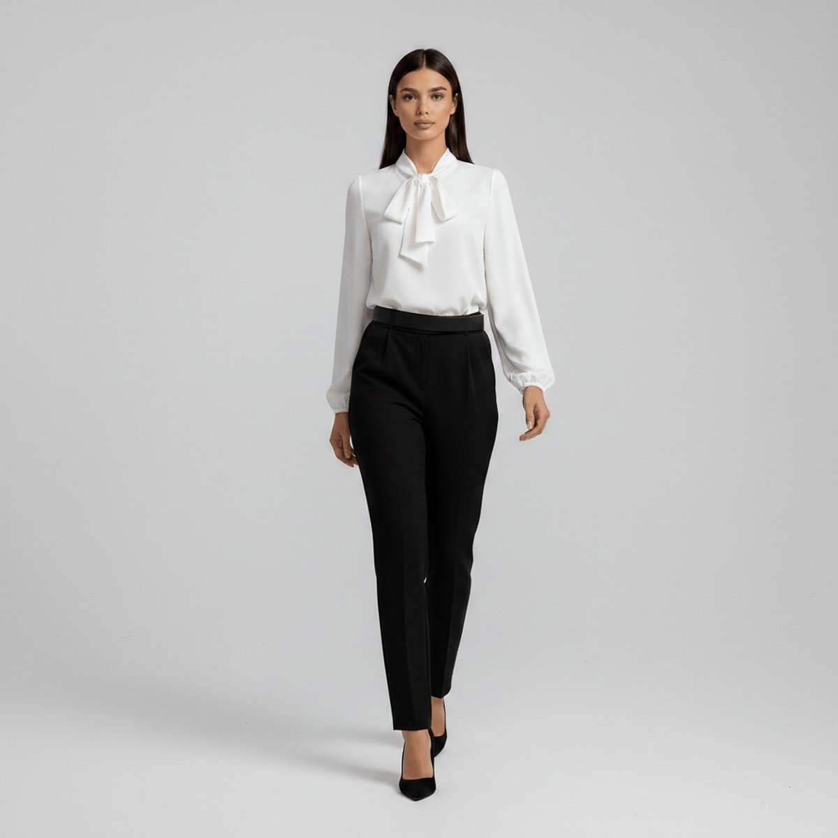 Women's Relaxed-Fit Bow-Tie Neck Long-Sleeve Blouse