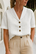 Women's Relaxed-Fit Button-Front Short-Sleeve Shawl-Collar Blouse - White