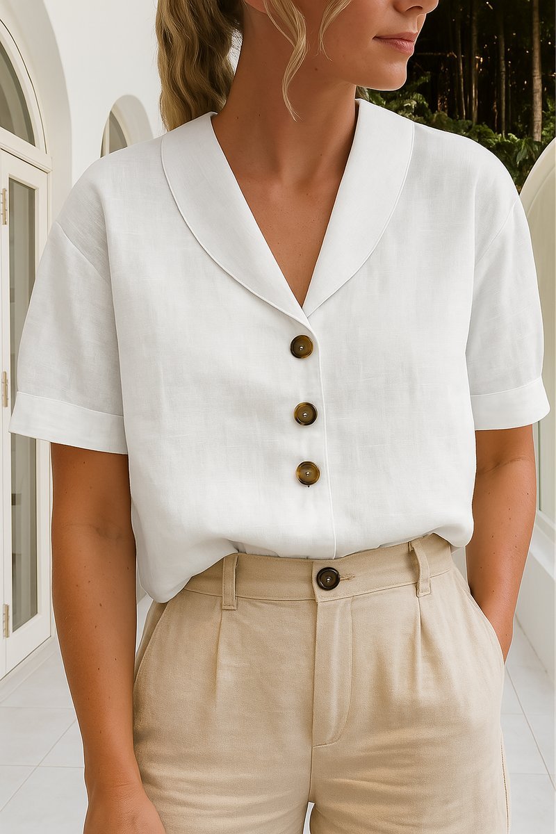 Women's Relaxed-Fit Button-Front Short-Sleeve Shawl-Collar Blouse - White