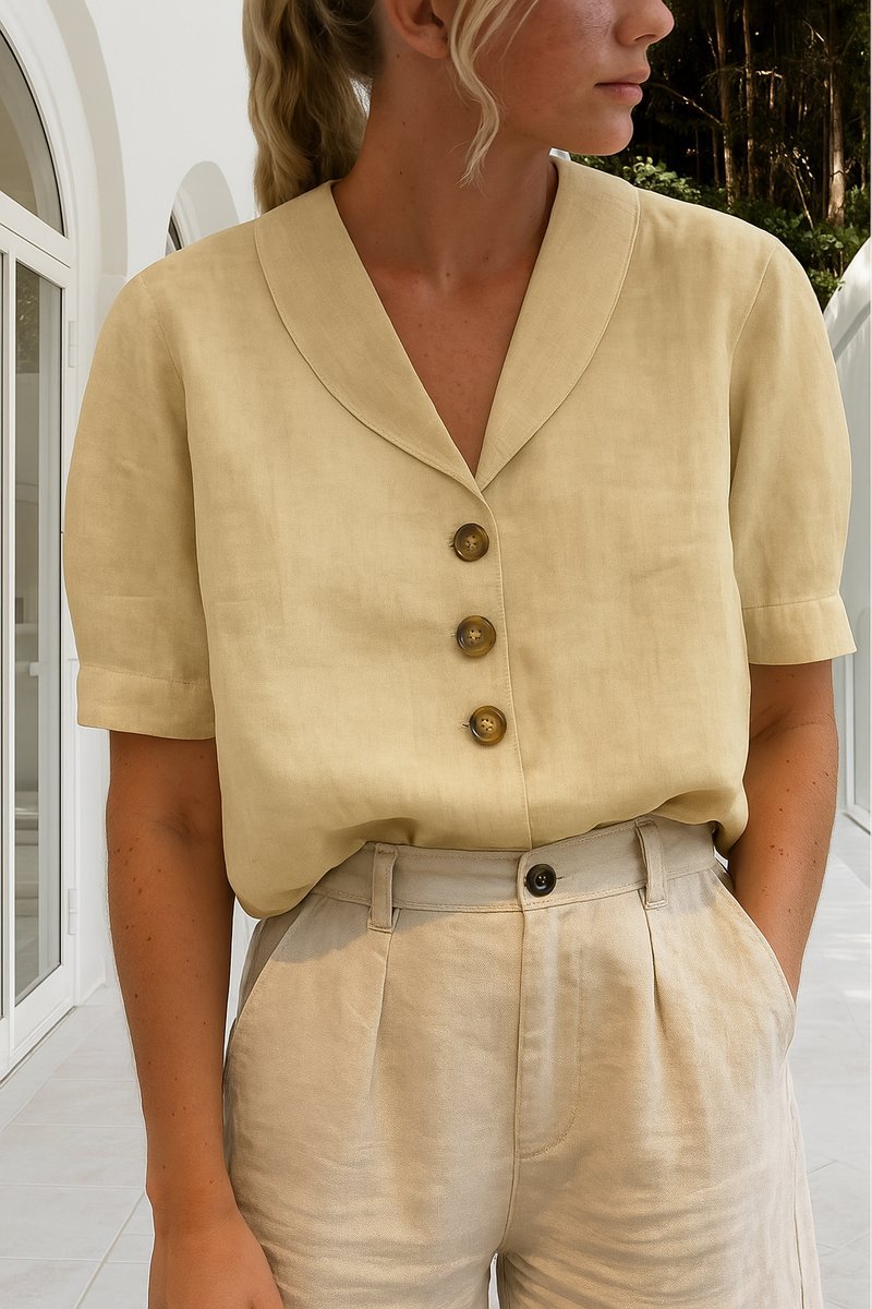 Women's Relaxed-Fit Button-Front Short-Sleeve Shawl-Collar Blouse - Beige