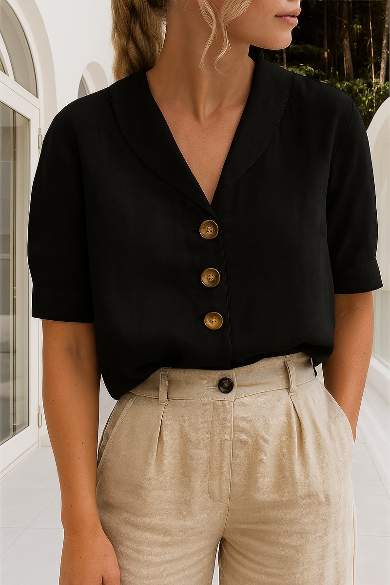 Women's Relaxed-Fit Button-Front Short-Sleeve Shawl-Collar Blouse - Black