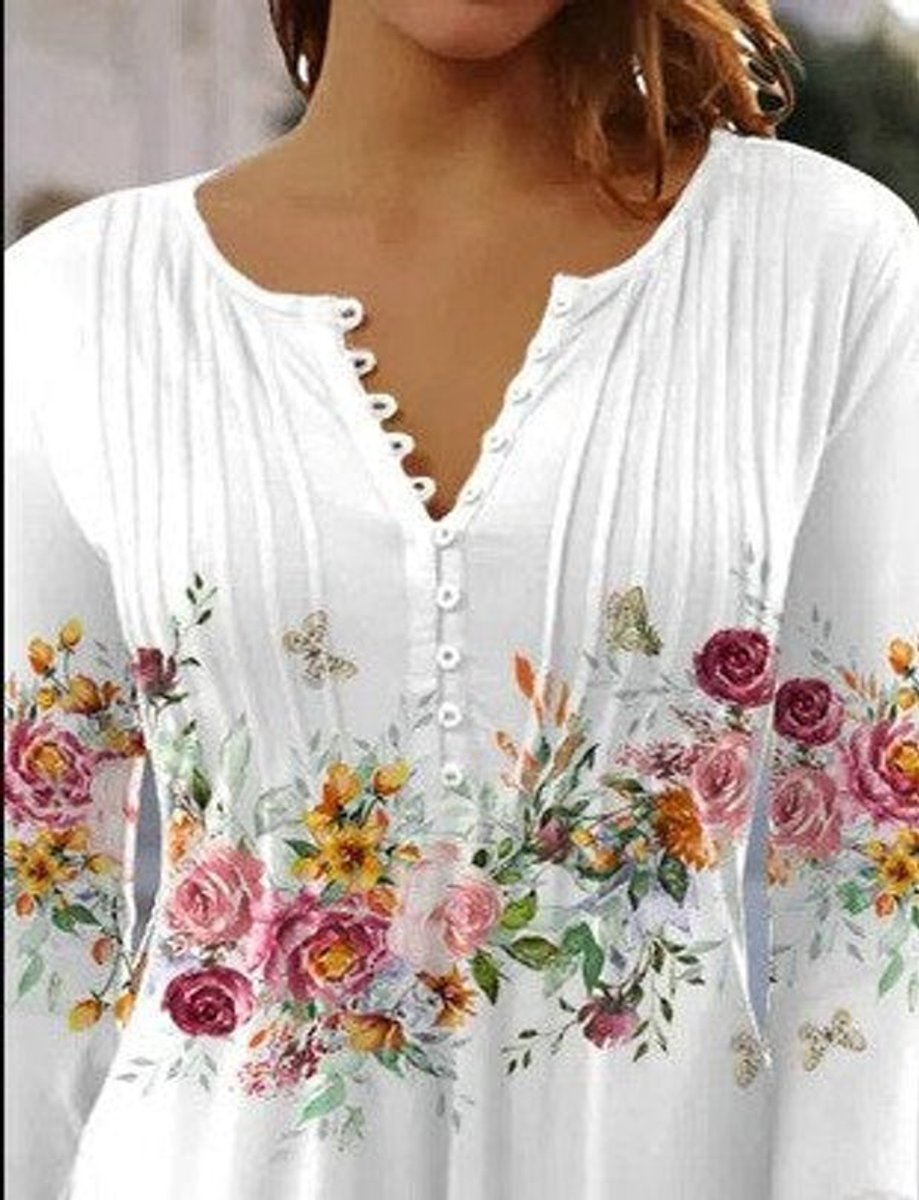 Women's Relaxed-Fit Floral Long-Sleeve Henley Blouse