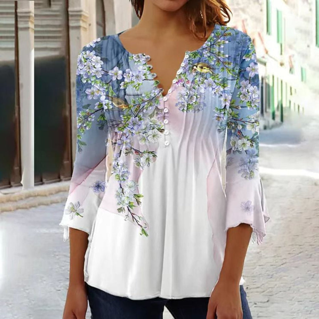 Women's Relaxed-Fit Floral Long-Sleeve Henley Blouse - White-Blue