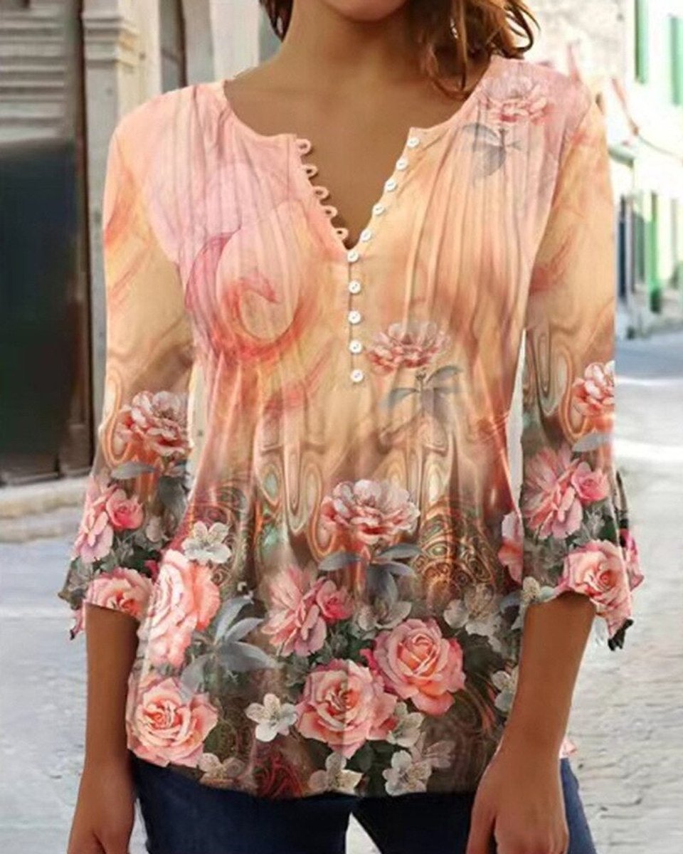 Women's Relaxed-Fit Floral Long-Sleeve Henley Blouse - Orange