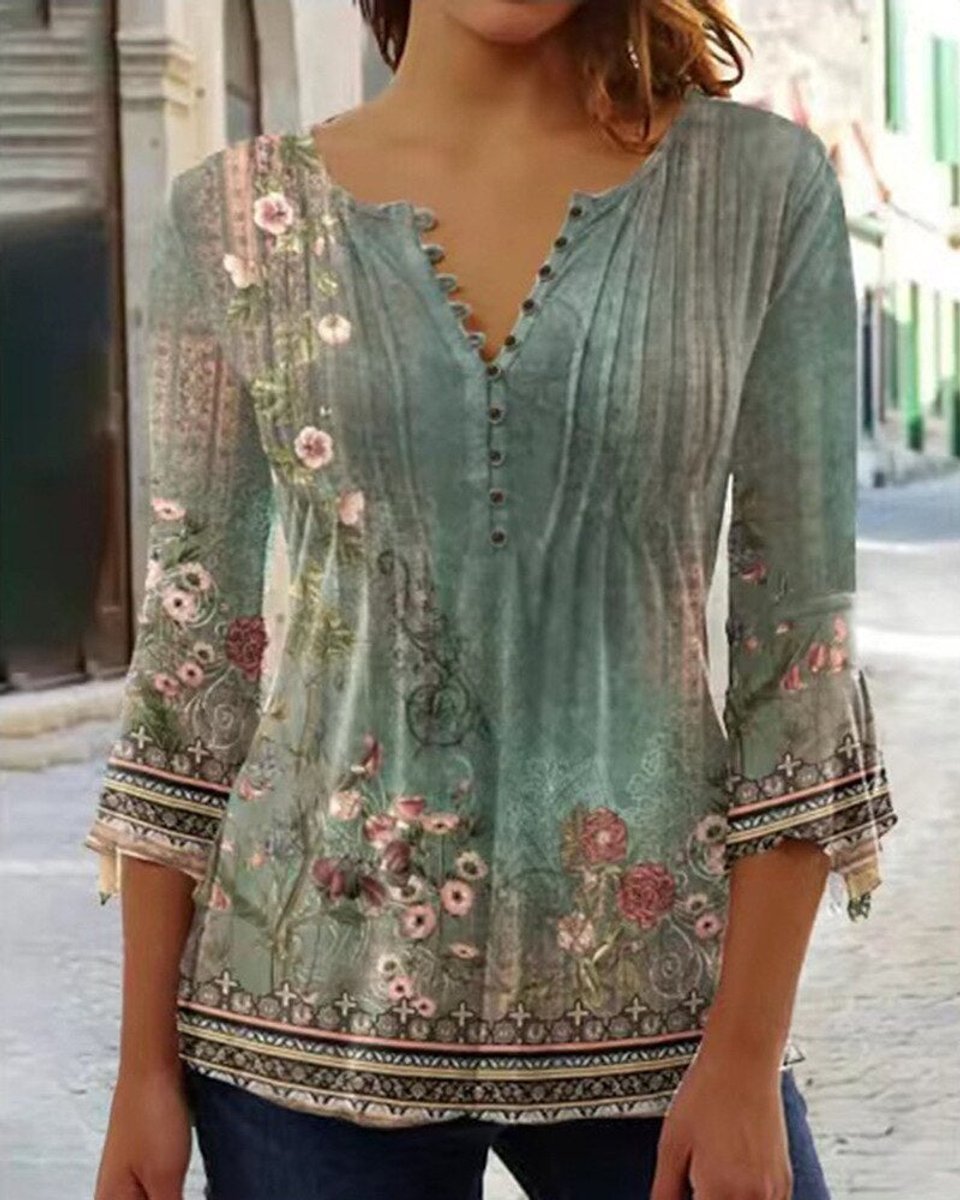 Women's Relaxed-Fit Floral Long-Sleeve Henley Blouse - Green