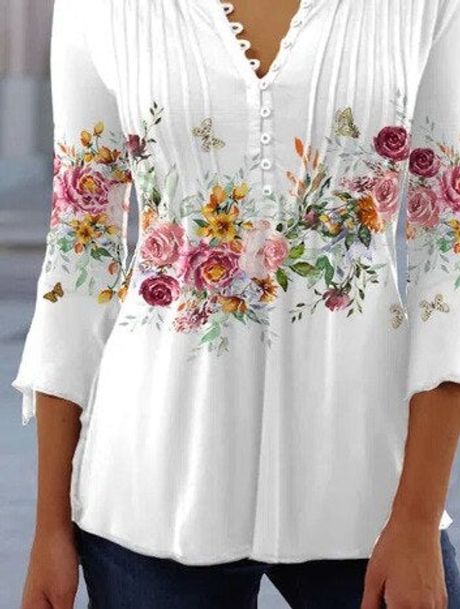 Women's Relaxed-Fit Floral Long-Sleeve Henley Blouse