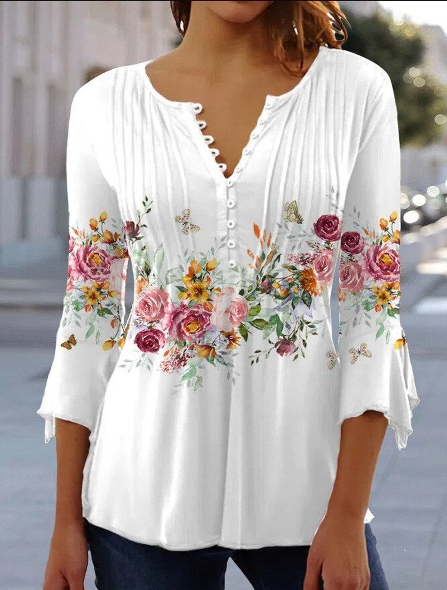 Women's Relaxed-Fit Floral Long-Sleeve Henley Blouse - Floral White
