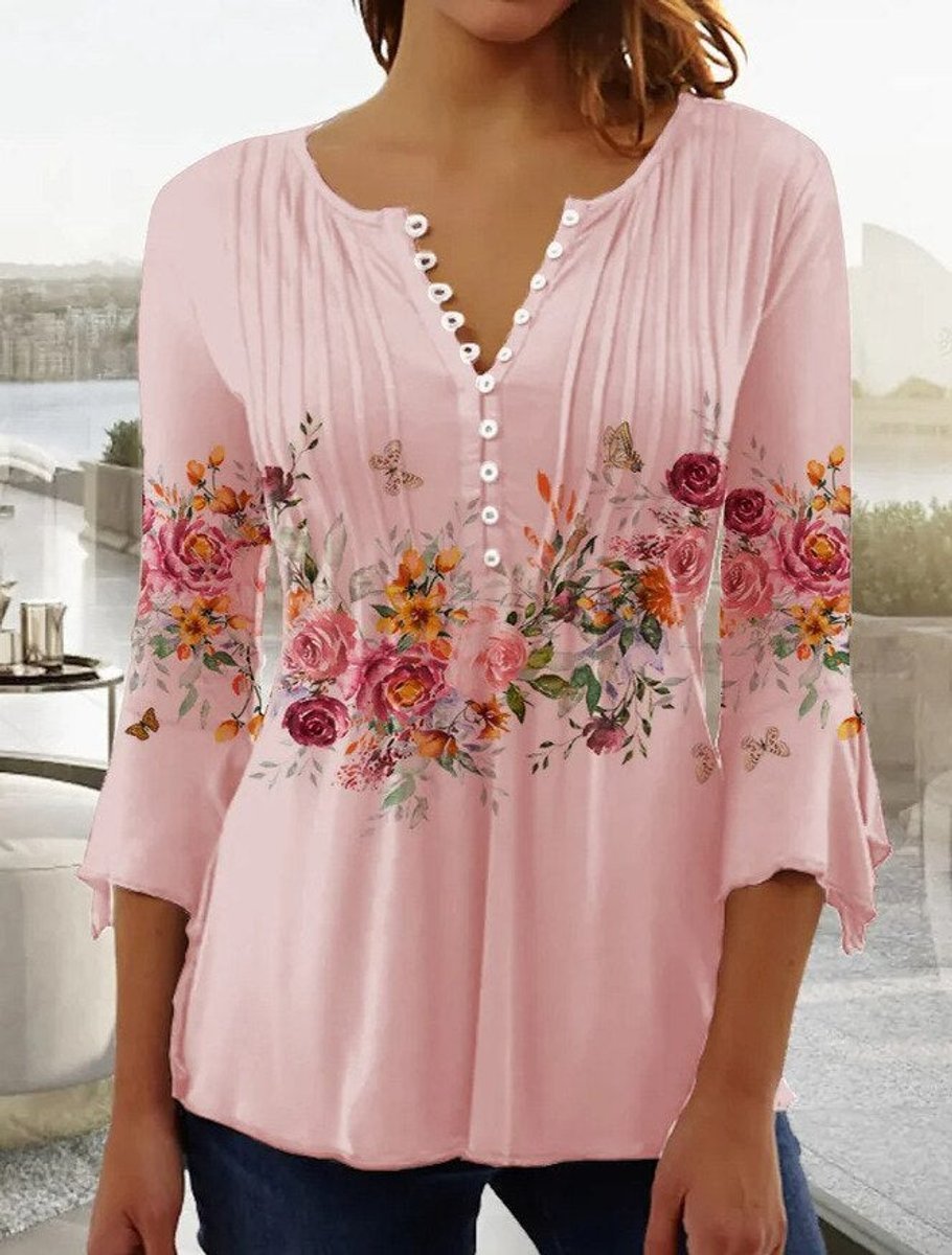 Women's Relaxed-Fit Floral Long-Sleeve Henley Blouse - Pink